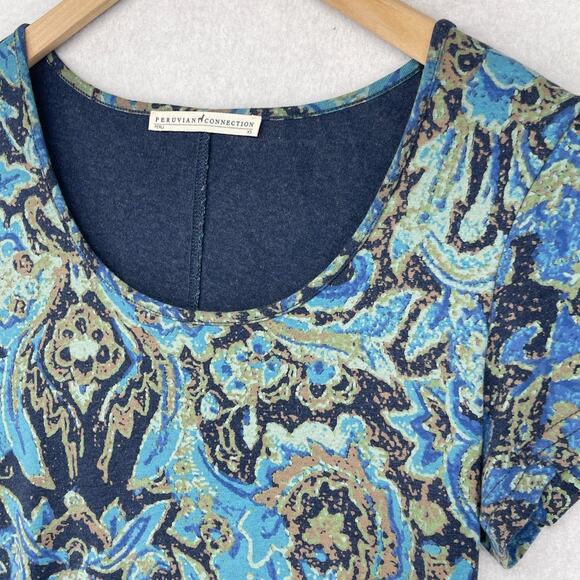 PERUVIAN CONNECTION Dress XS Paisley Midi Cap Sleeve Stretch Pima Cotton Blue - Picture 8 of 13